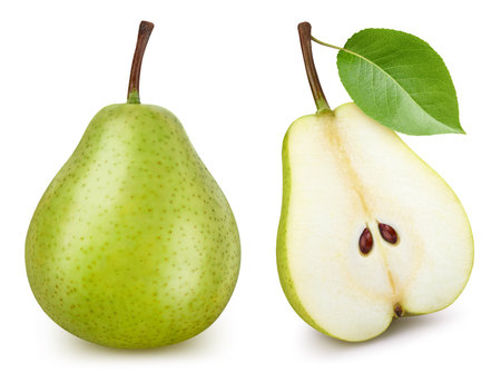 Pear collection with leaf isolate. Pear slice and half on white.の写真素材