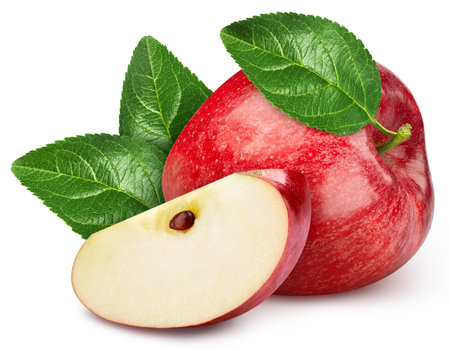 Red apple isolated on white background. Taste apple with leaf.の写真素材