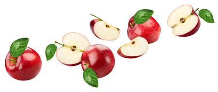 Flying apple isolated on white background. Levitation red apple with leaves.の写真素材