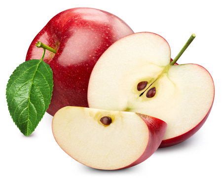 Apple fruit with leaf isolate. Red apple whole and half on white.の写真素材