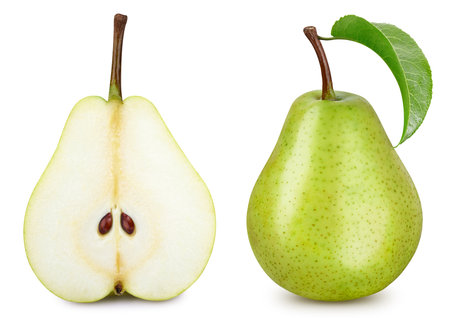 Ripe whole pear with green leaf and half isolated on white background. Pear macro studio photoの写真素材