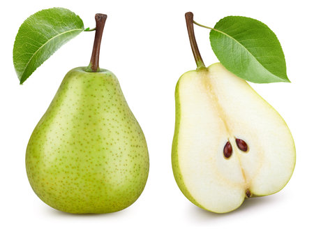 Pear collection with leaf isolate. Pear slice and half on white.の写真素材