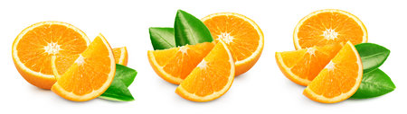 Orange fruit with leaf isolate. Orange slice and half on white.の写真素材