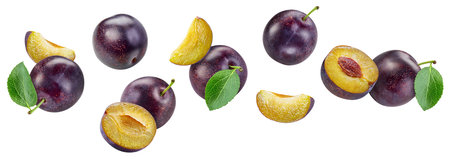 Flying plum isolated on the white background. Plum half and slice. Fresh fruits isolated on white backgroundの写真素材