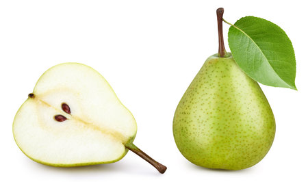 Ripe whole pear with green leaf and half isolated on white background. Pear macro studio photoの写真素材