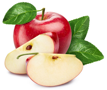Fresh apple isolated on white background. Red apple with leaves.の写真素材