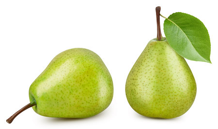 Fresh pear isolated on white background. Green pear with leaves.の写真素材