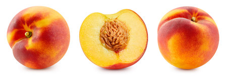 Peach half collection. Fresh organic peach isolated on white background.の写真素材
