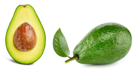 Fresh avocado isolated on white background. Green avocado with leaves.の写真素材