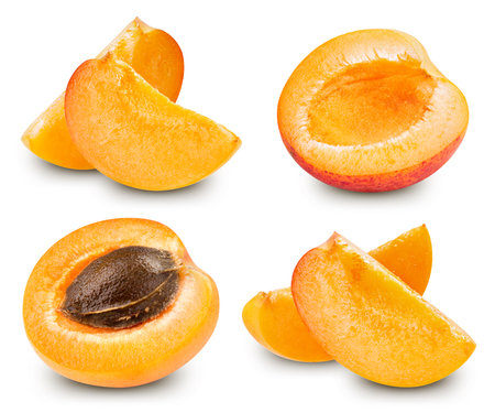 Apricot half collection. Fresh organic Apricot isolated on white background.の写真素材