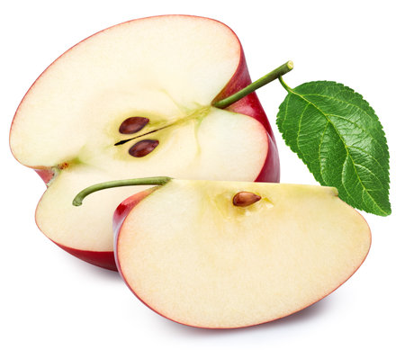 Isolated apple half with leaf. Red apple fruit on white backgroundの写真素材