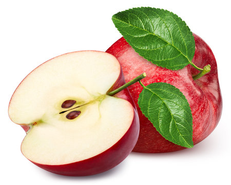 Fresh apple isolated on white background. Red apple leaves.の写真素材