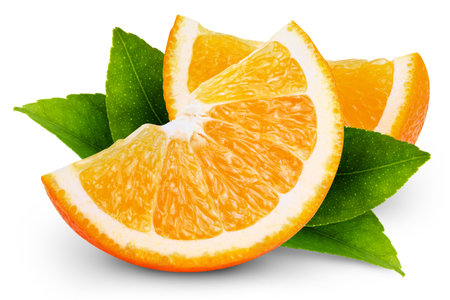 Orange slices isolated on white background. Orange clipping path. Orange with leavesの写真素材