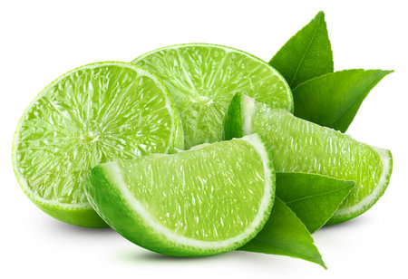 Lime isolated on white background. Lime clipping path. Lime with leavesの写真素材
