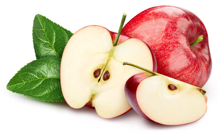 Apple isolated on white background. Apple clipping path. Apple with leavesの写真素材