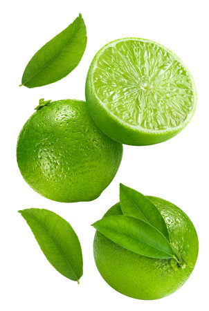 Flying in air Lime. Lime isolated on white background. Lime macro. With clipping pathの写真素材