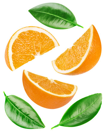 Isolated orange. Fresh organic orange with leaves isolatedの写真素材