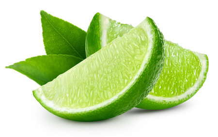 Lime with a leaf exotic fruit with slice isolated on white background.の写真素材