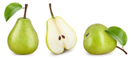 Collection pear isolated on white background. Taste pear with leaf. fresh fruits isolated on white backgroundの写真素材