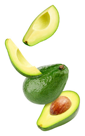 Flying in air Avocado. Avocado isolated on white background. avocado macro.の写真素材