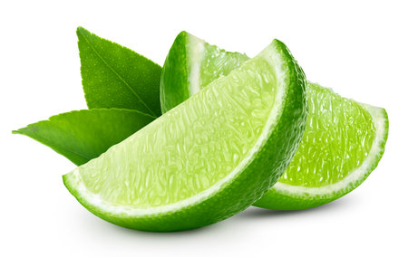 Lime with a leaf fruit with slice isolated on white background.の写真素材