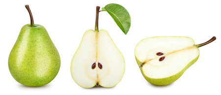 Pear with a leaf fruit with half isolated on white background.の写真素材