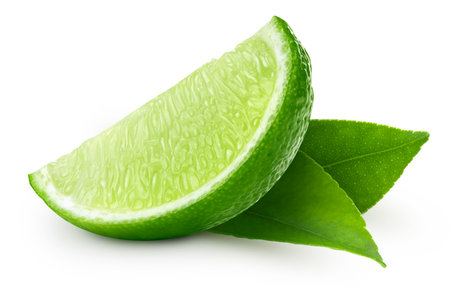 Lime with a leaf fruit with slice isolated on white background.の写真素材