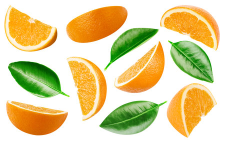 Isolated orange slices. Fresh organic orange with leaves. orange macro studio photo. High End Retouchingの写真素材