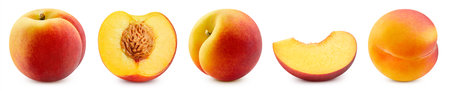 Peach isolated on white background. Big set fresh peach fruits. professional studio macro shootingの写真素材