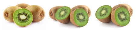 Kiwi with a leaf fruit with half isolated on white background.の写真素材