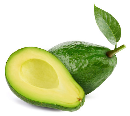 Avocado with a leaf exotic fruit with half isolated on white background.の写真素材
