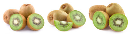 Fresh kiwi whole and cut in half isolated on white background.の写真素材