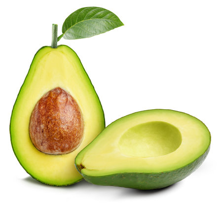 green avocado. Fresh organic avocado with leaves isolated on white background.の写真素材