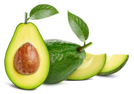 Isolated avocado with leaf. One whole avocado fruit on white backgroundの写真素材