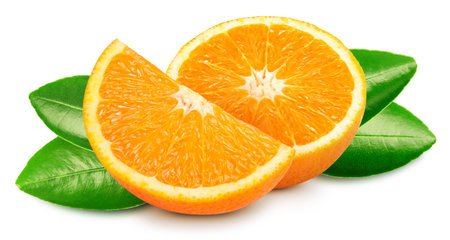 Orange with a leaf fruit with slice isolated on white background.の写真素材
