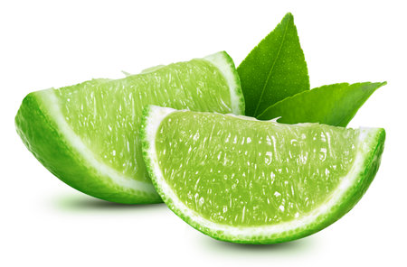 Lime with a leaf fruit with slice isolated on white background.の写真素材