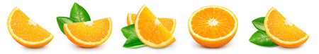 Collection orange isolated on white background. Taste orange with leaf. Fresh fruits isolated on white backgroundの写真素材
