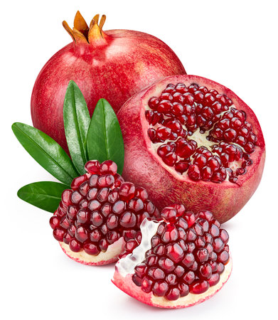 Pomegranate fruit with leaf isolate. Pomegranate whole, half, slice, leaves on white.の写真素材