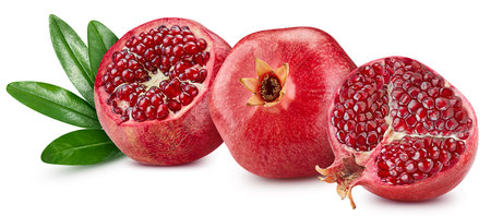 Pomegranate Clipping Path. Ripe whole pomegranate with green leaf and half isolated on white background. Pomegranate macro studio photoの写真素材