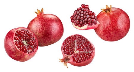 Pomegranate collection isolated on white background. Pomegranate set Clipping Path. Pomegranate macro studio photoの写真素材