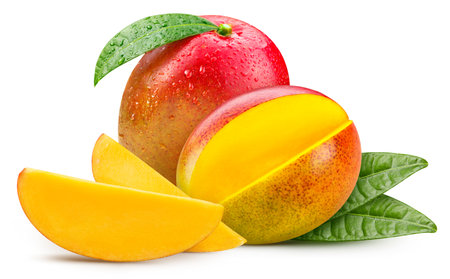 Mango fruit with leaves. Mango isolated on white background. Mango clipping path.の写真素材