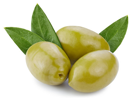 Isolated Olive. Fresh organic olive with leaves isolated clipping path. Olive macro studio photo.の写真素材