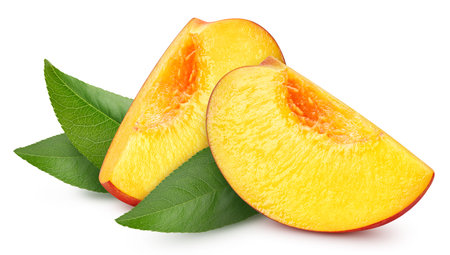 Peach fruit with leaf isolate. Peach slice, leaves on white. Peach clipping path. High End Retouchingの写真素材