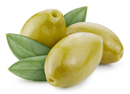 Isolated Olive. Fresh organic olive with leaves isolated clipping path. Olive macro studio photo.の写真素材