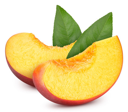 Peach and green leaves isolated on white background. Clipping path coconut. Peach macro studio photoの写真素材