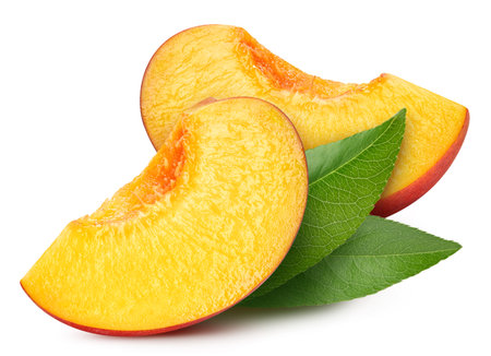 Peach isolated with leaves. Peach on white. Full depth of field. With clipping pathの写真素材