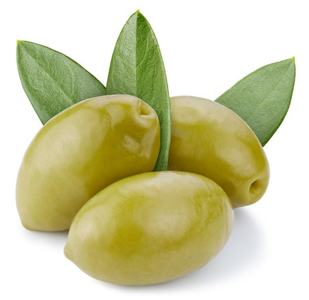Olive vegetable with leaves. Olive isolated on white background. Olive clipping path.の写真素材