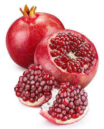 Pomegranate isolated on white background. Fresh pomegranate. Clipping path pomegranate. Pomegranate macro studio photoの写真素材