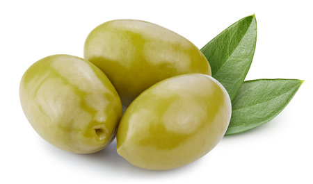 green olive. Fresh organic olive with leaves isolated on white background. Olive with clipping pathの写真素材