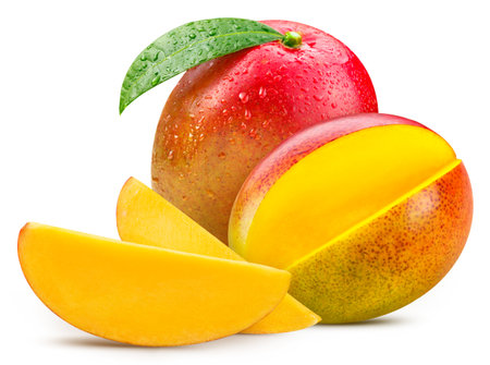 Mango Clipping Path. Ripe whole mango with green leaf and half isolated on white background. mango macro studio photoの写真素材